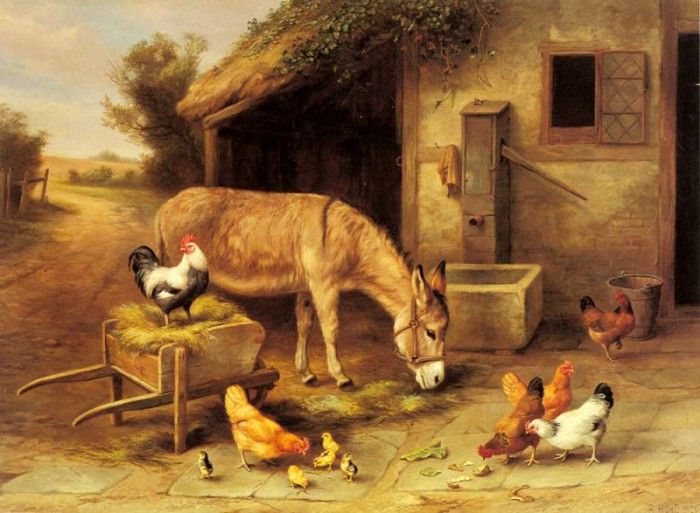 Hunt Edgar A Donkey And Chickens Outside A Stable. , 