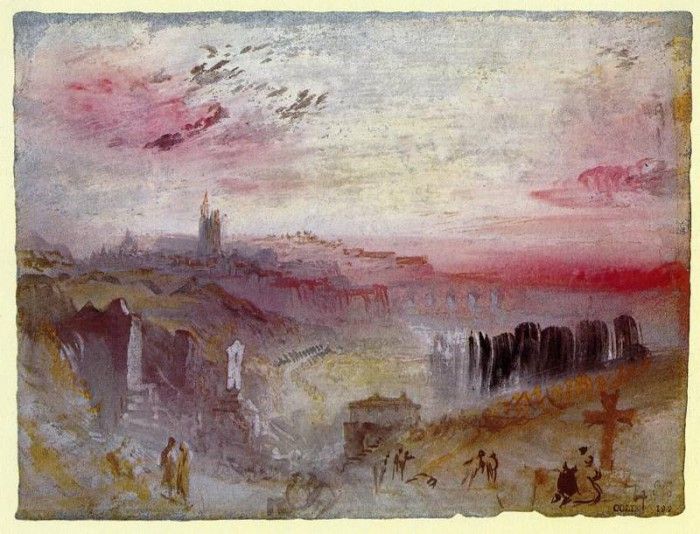 Turner Joseph Mallord William View over Town at Suset a Cemetery in the Foreground. ,   