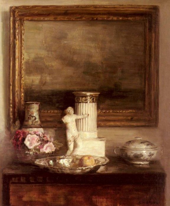 Holsoe Carl Still Life With Classical Column And Statue. Holsoe,  