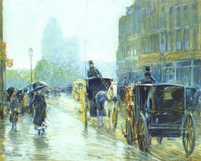 hassam horse-drawn cabs at evening, new york c1890. , 