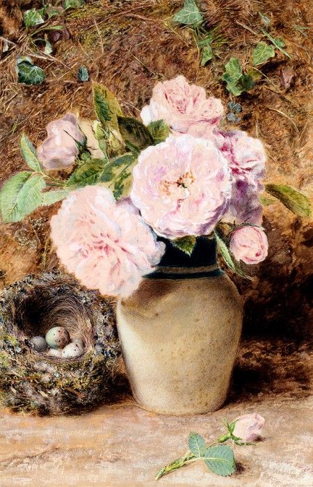 Hunt William Henry Still Life With roses In A vase And A Birds Nest. ,  