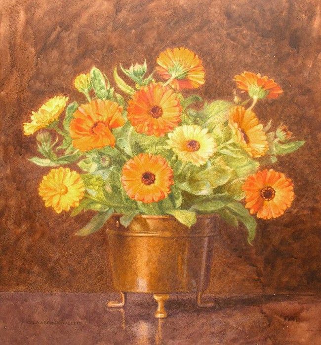 Still life of marigolds in a brass vase. Bulleid  