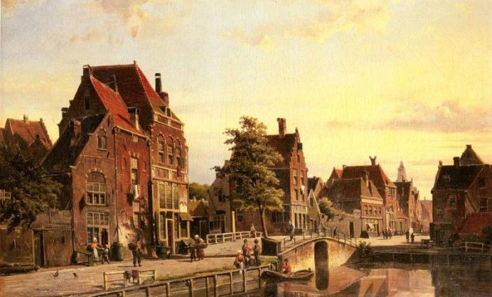 Koekkoek Willem Figures By A Canal In A Dutch Town. Koekkoek 