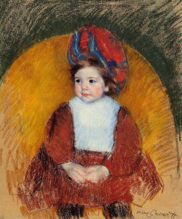 Cassatt Mary Margot in a Dark Red Costume Seated on a Round Backed Chair.  