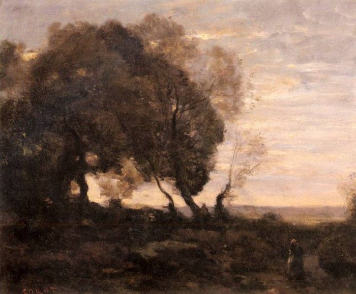 Corot Jean Baptiste Camille Arbres Tordus Sur Une Crete. , --