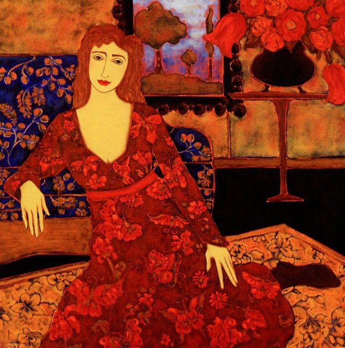 Karen Rieger - Woman with Red Blooms and Evening Landscape, D. , 