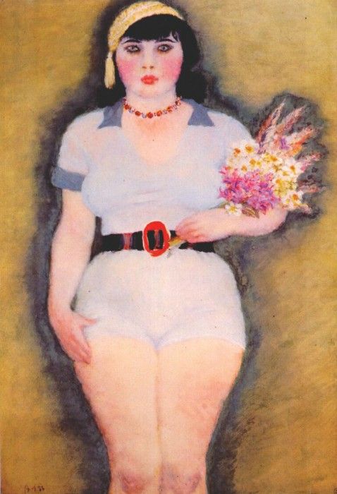 lebedev young girl in a jersey holding a bouquet 1933. 