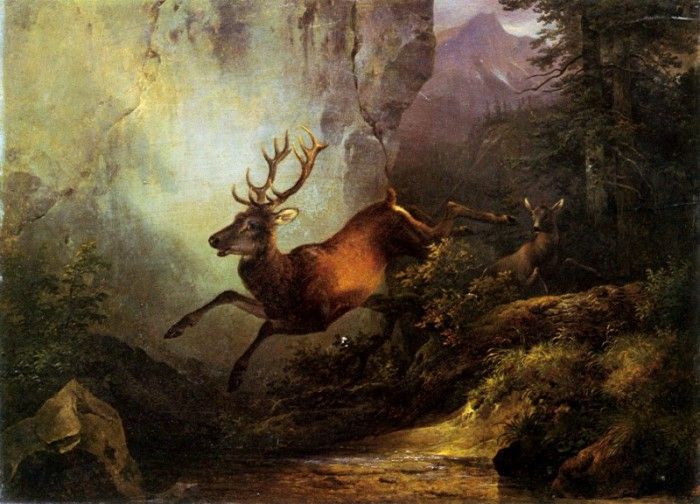 Deer Running through a Forest. Gauermann, 
