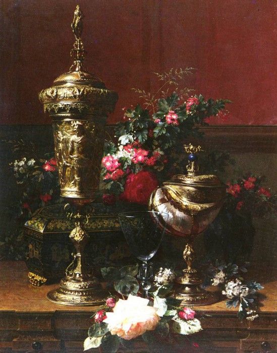 Robie Jean-Baptiste (Belgian) 1821 to 1910 A Still Life With A German Cup, A Nautilus Cup, A Gobl. , -