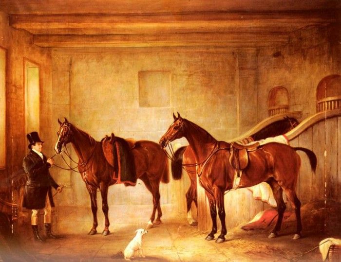Ferneley John Sir John Thorold Bay Hunters With Their Groom In A Stable. Ferneley, 