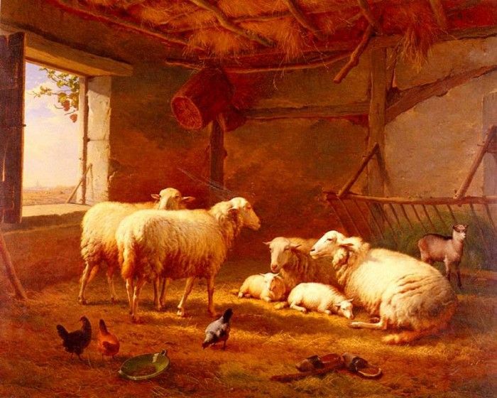 Verboeckhoven Eugene Joseph Sheep With Chickens And A Goat In A Barn. Verboeckhoven,  