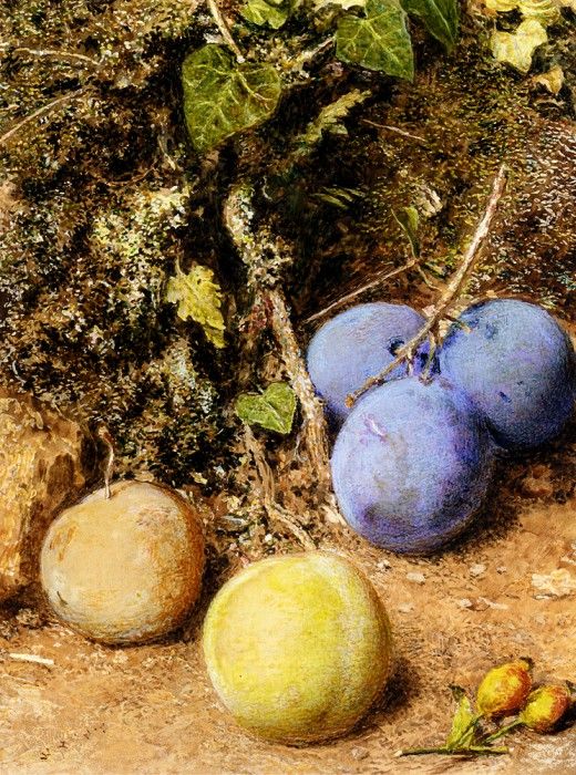 Hunt William Henry Still Life With Greengages And Plums On A Mossy Bank. ,  