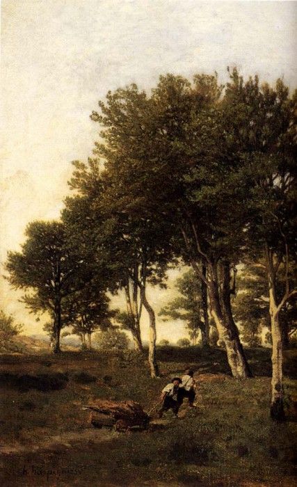 Harpignies Henri Landscape With Two Boys Carrying Firewood. Harpignies, -