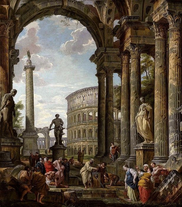 An architectural capriccio with the philosopher Diogenes and other figures by a fountain beneath a portico with the Colosseum, the column of Trajan, Hercules and the Hydra, the Farnese Hercules, and. ,  