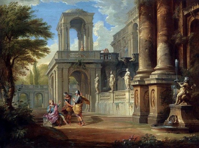 AN ARCHITECTURAL CAPRICCIO WITH TWO SOLDIERS ADDRESSING A YOUNG MAN, FIGURES ON A BALCONY BEYOND. ,  