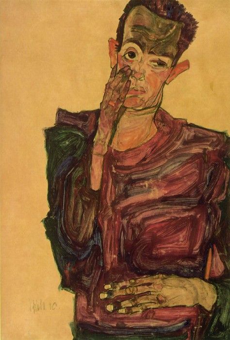 Schiele Self-portrait pulling cheek, 1910, Graphische Sammlu. , 