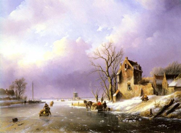 Spohler Jan Jacob Winter landscape With Figures On A Frozen River. Spohler,   Coenraad