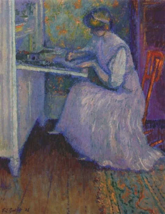 butler girl in lavender seated at desk 1908. 