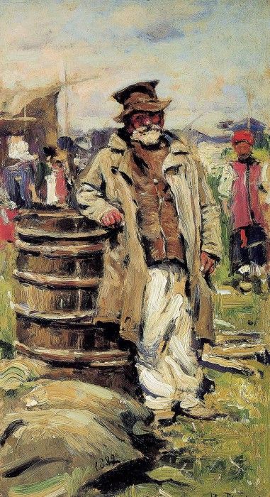 Old peasant man at barrel Sun.   (1846-1920)