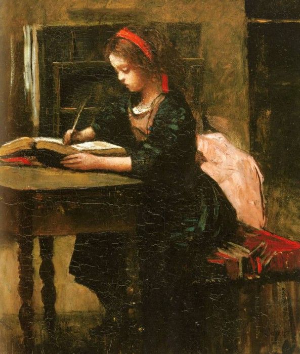 Corot Jean Baptiste Camille Fillete A L etude En Train D Ecrire. , --