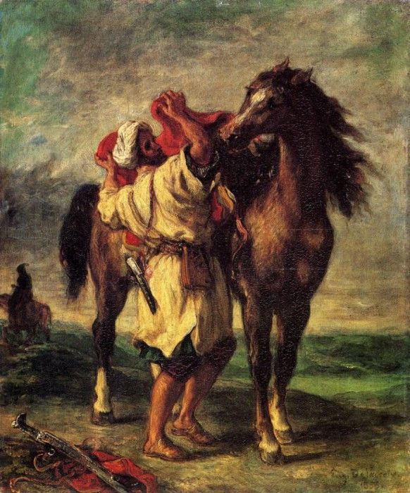 Delacroix Ferdinand Victor Eugene A Moroccan Saddling A Horse.    