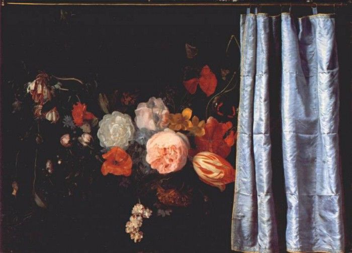 van der spelt flower still life with curtain 1658. ,  
