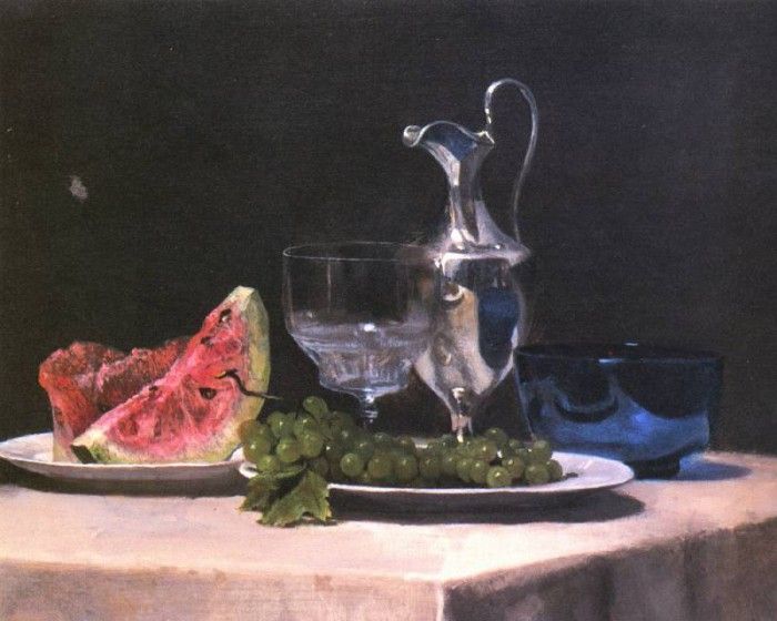 Still life study of silver glass and fruit. Lafarge, 