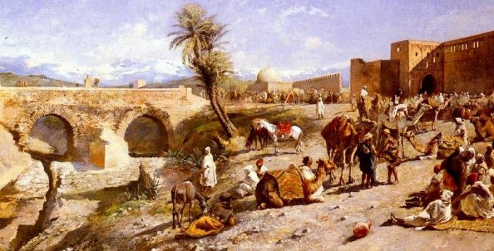 Weeks Edwin Lord The Arrival Of A Caravan Outside Marakesh. ,  