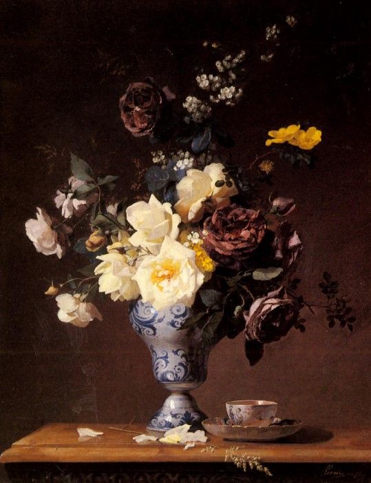 Rivoire Francois Roses And Other Flowers In A Blue And White Vase. Rivoire 