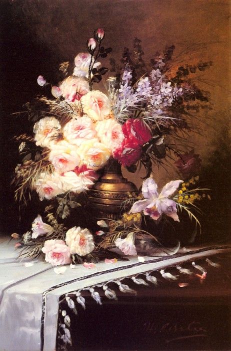 Carlier Modeste Still Life With Assorted Flowers In A Brass Vase. , 