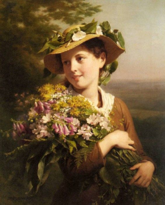 Zuber Buhler Fritz A Young Beauty Holding A Bouquet Of Flowers. ,  Buhler