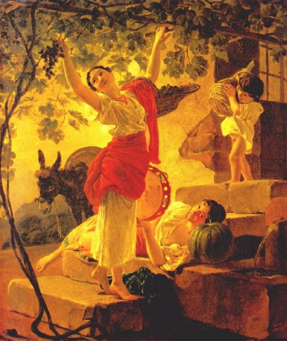 briullov young girl gathering grapes near naples 1827.    (1799-1852)