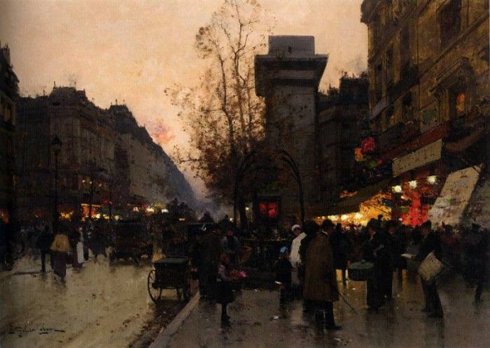 Eugene Galien Laloue Animation Pres de la Porte Saint Den. ,  Laloue