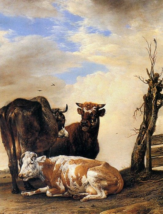 Potter Paulus Two cows and a bull beside a fence Sun 2. , 