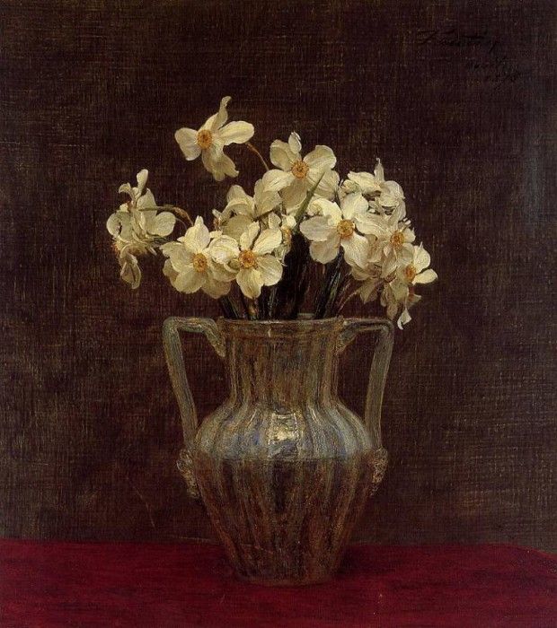 Fantin Latour Henri Narcisses in an Opaline Glass Vase. -, ---