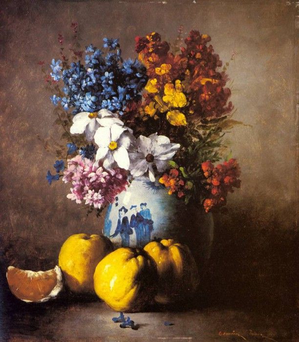 Ribot Germaine Theodore A Still Life With A Vase Of Flowers And Fruit. ,  Theodule 