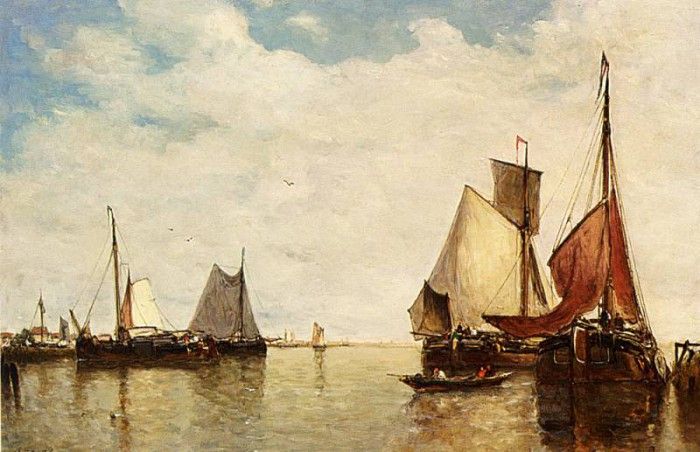 Clays Paul Jean Moored Ships In A Small Harbour. ,  