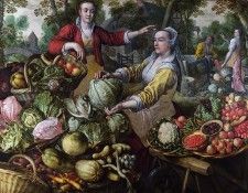   -  :  [The Four Elements: Earth. A Fruit and Vegetable Market with the Flight into Egypt in the Background] NG London. Beuckelaer 