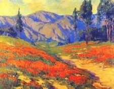 brown landscape with poppy field. 