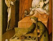 Bosch Death and the miser, ca 1490, 93x31 cm, National Galle. , 