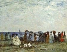 BOUDIN - BATHERS ON THE BEACH AT TROUVILLE, 1869, OIL ON WOOD. , 