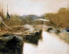 Breitner George Moored ships in city canal Sun.   