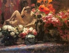 Bastien Alfred A Floral Still Life With Sculpture. , 