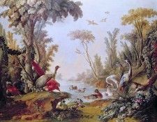 Lake with geese storks parrots and herons from the Salon of Gilles Demarteau (1722-76), 1765. , 