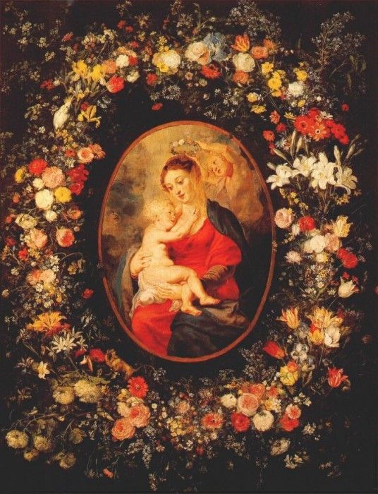 brueghel-and-rubens madonna and child in garland of flowers pre-1617. ,  