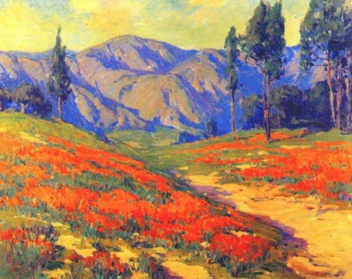 brown landscape with poppy field. 