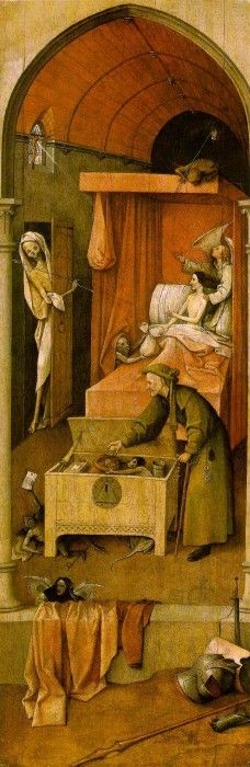 Bosch Death and the miser, ca 1490, 93x31 cm, National Galle. , 