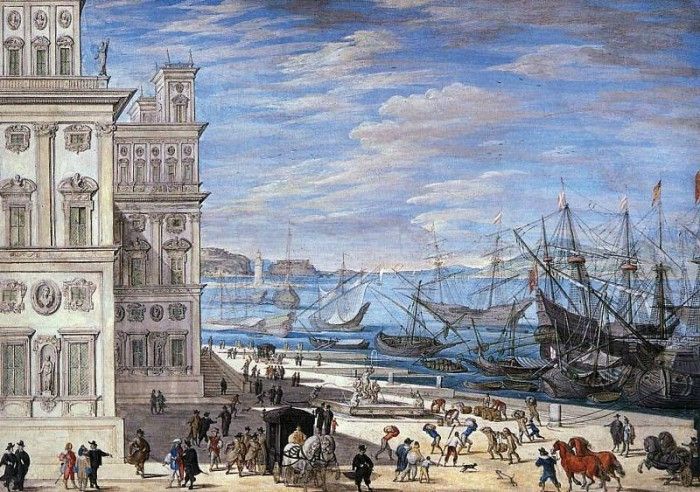 Bauer Johan Wilhelm An Italian harbour scene Sun . , 