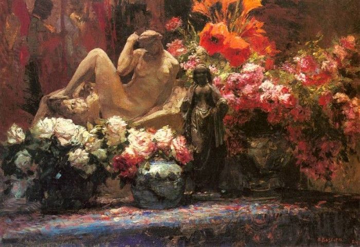 Bastien Alfred A Floral Still Life With Sculpture. , 