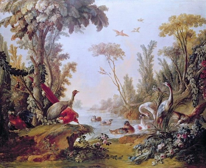 Lake with geese storks parrots and herons from the Salon of Gilles Demarteau (1722-76), 1765. , 